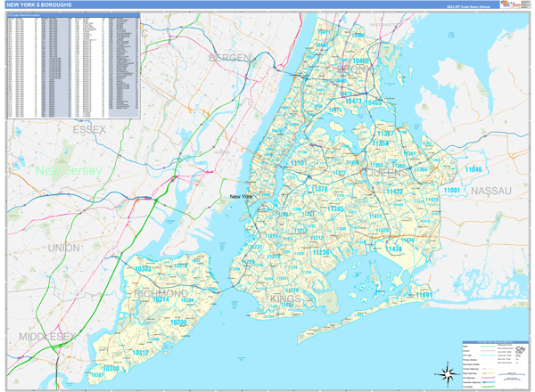 New York 5 Boroughs City Wall Map Basic Style