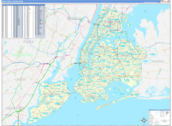 New York 5 Boroughs, NY Zip Code Map