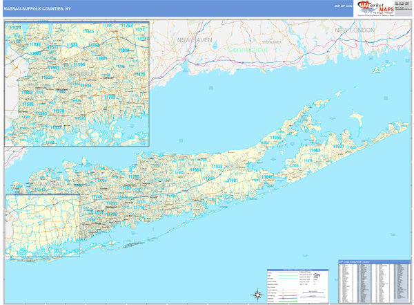 Nassau-Suffolk County, NY Wall Map Basic Style