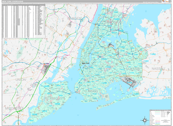 New York 5 Boroughs, NY Zip Code Map