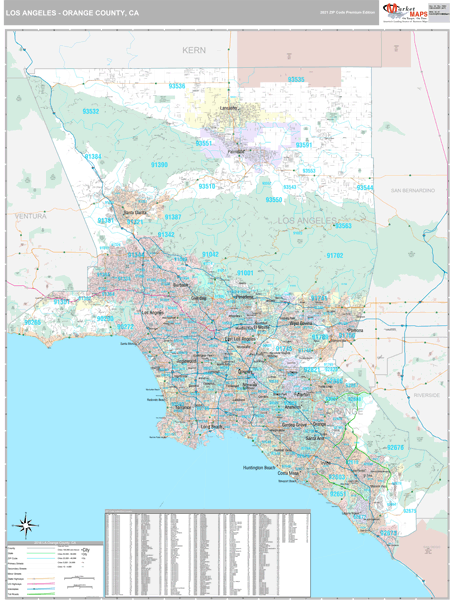 Los Angeles-Orange County, CA Wall Map Red Line Style
