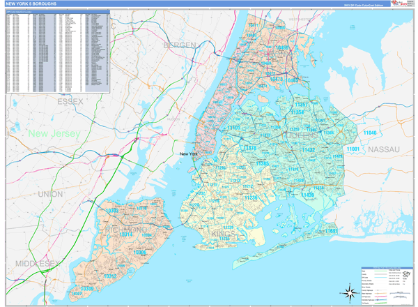 New York 5 Boroughs Wall Map Color Cast Style