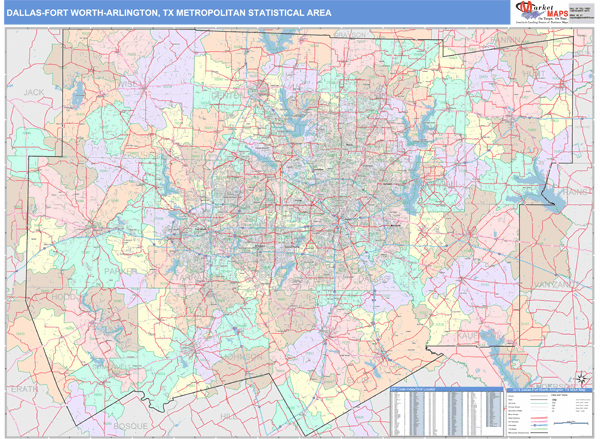 Dallas Fort Worth Wall Map Color Cast Style