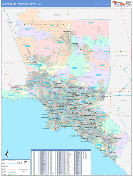 Los Angeles-Orange County, CA Wall Map Color Cast Style