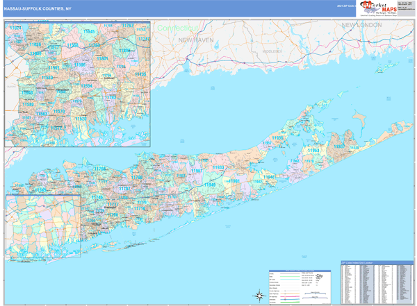 Nassau-Suffolk County, NY Wall Map Color Cast Style