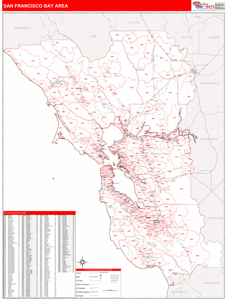 Bay Area Wall Map Red Line Style