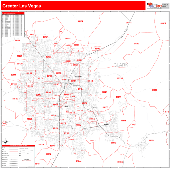Greater Las Vegas Wall Map Red Line Style