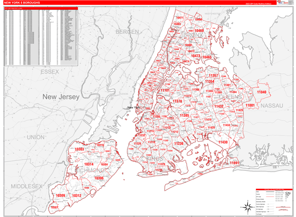 New York 5 Boroughs Wall Map Red Line Style