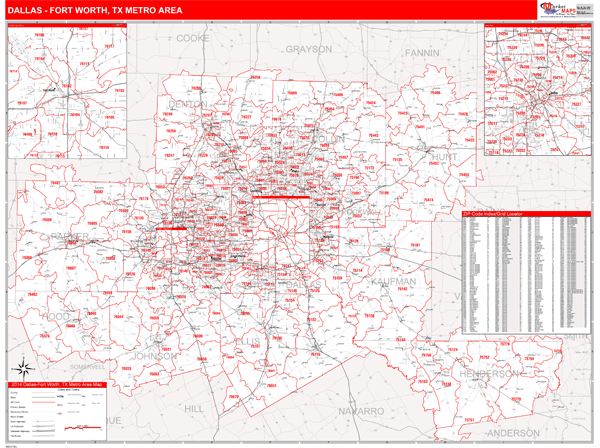 Dallas Fort Worth Wall Map Red Line Style