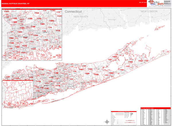 Nassau-Suffolk County, NY Wall Map Red Line Style