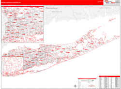 Nassau Suffolk County Wall Map Red Line Style