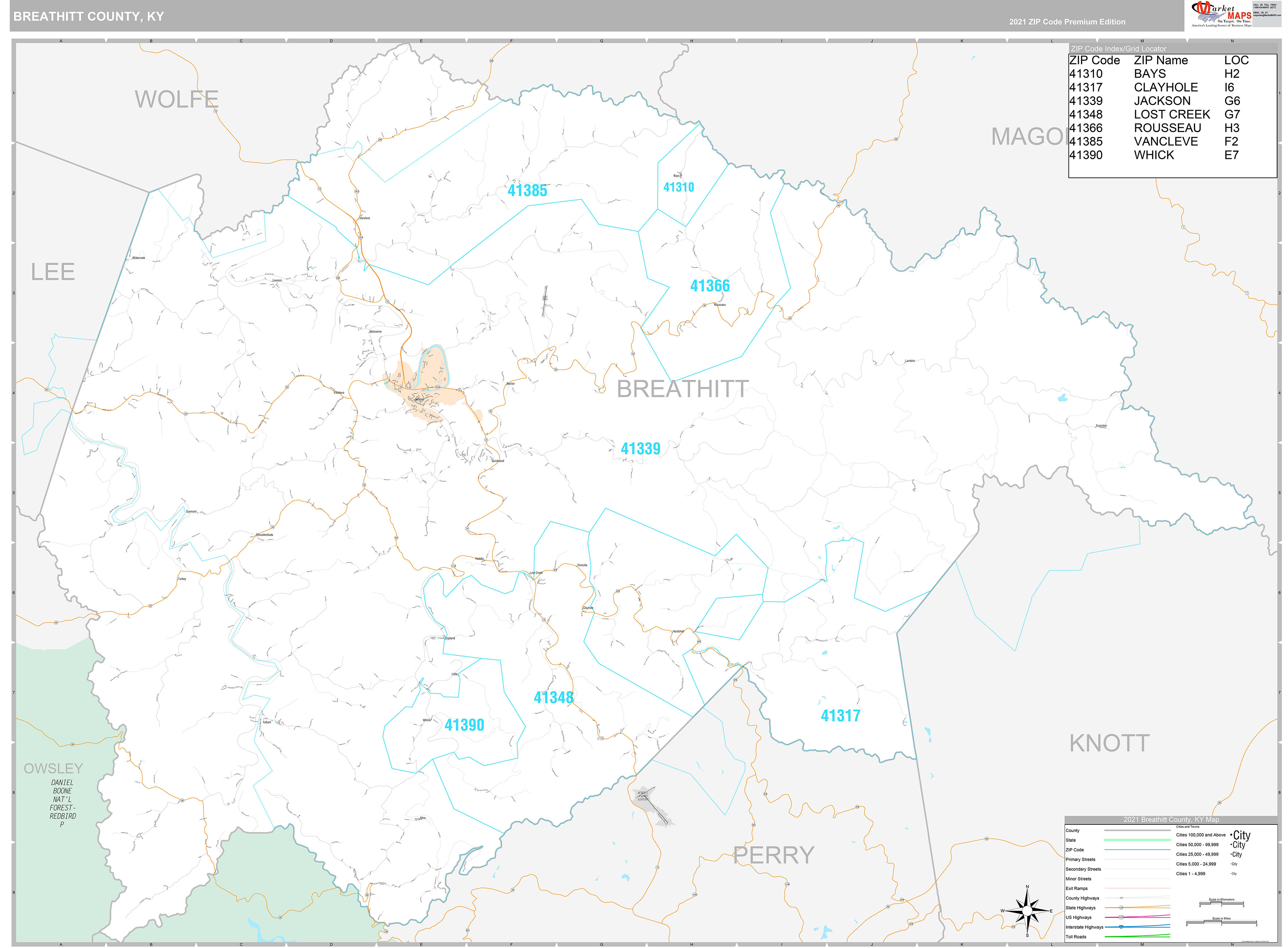 Breathitt County Wall Map Premium Style