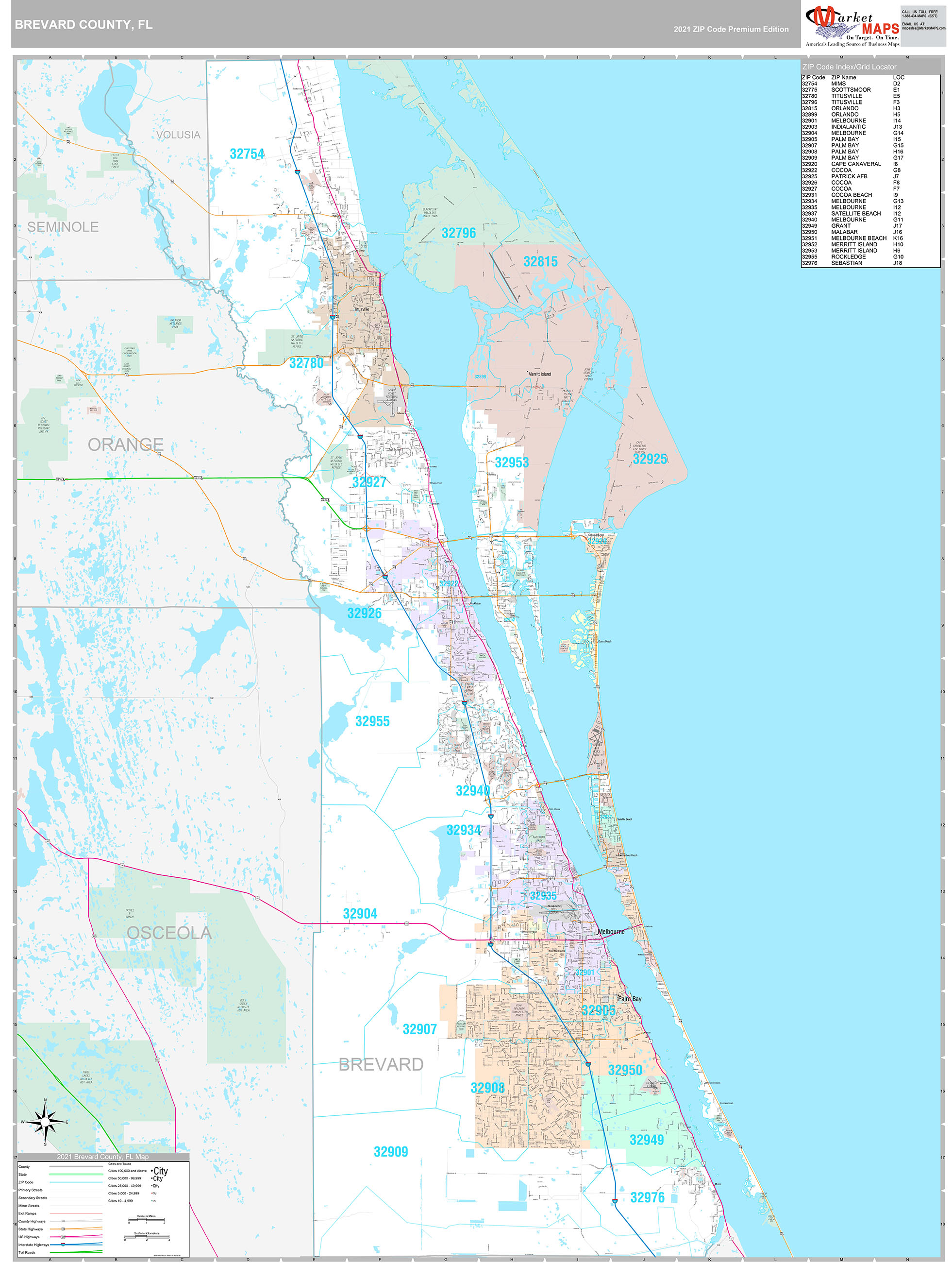 Brevard County Wall Map Premium Style