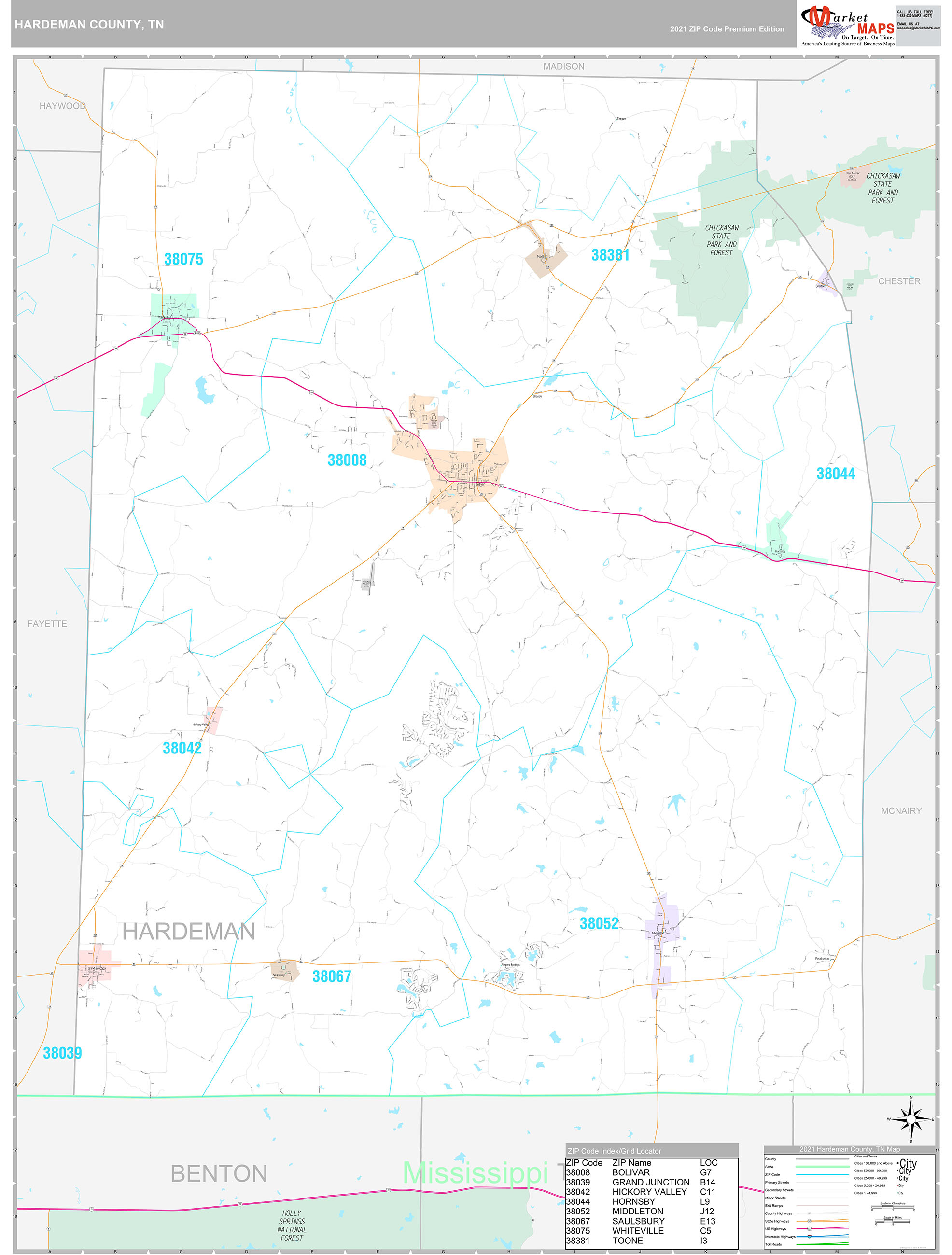 Hardeman County Tn Zip Code Wall Map Red Line Style By Marketmaps
