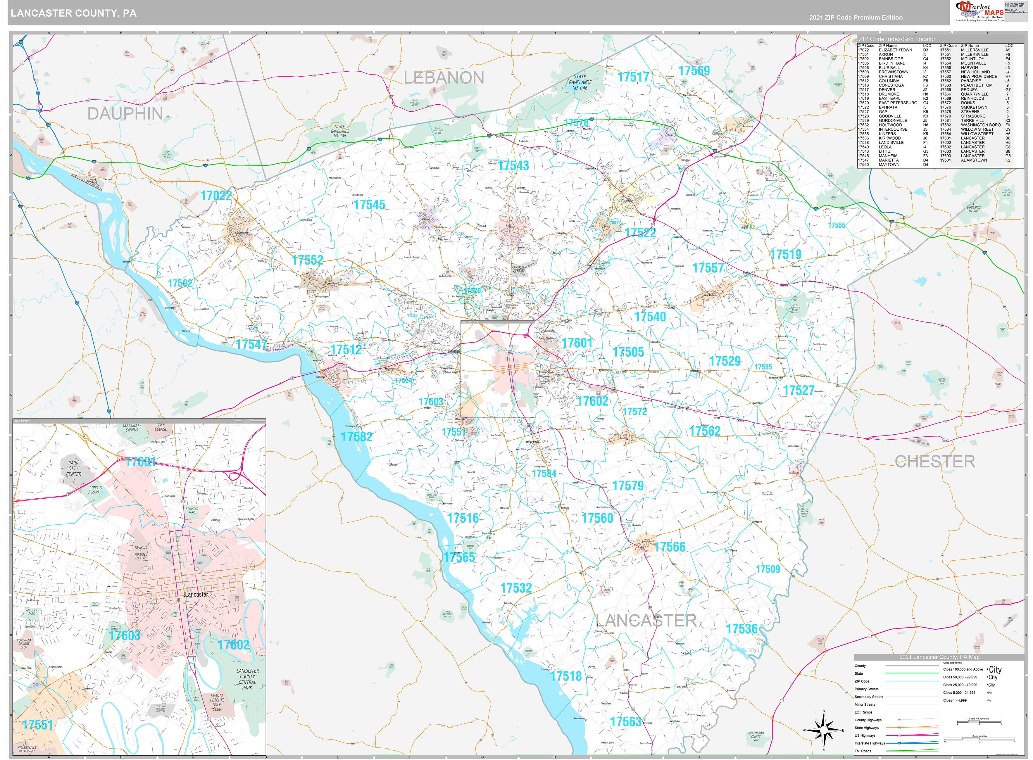 Lancaster County Wall Map Premium Style