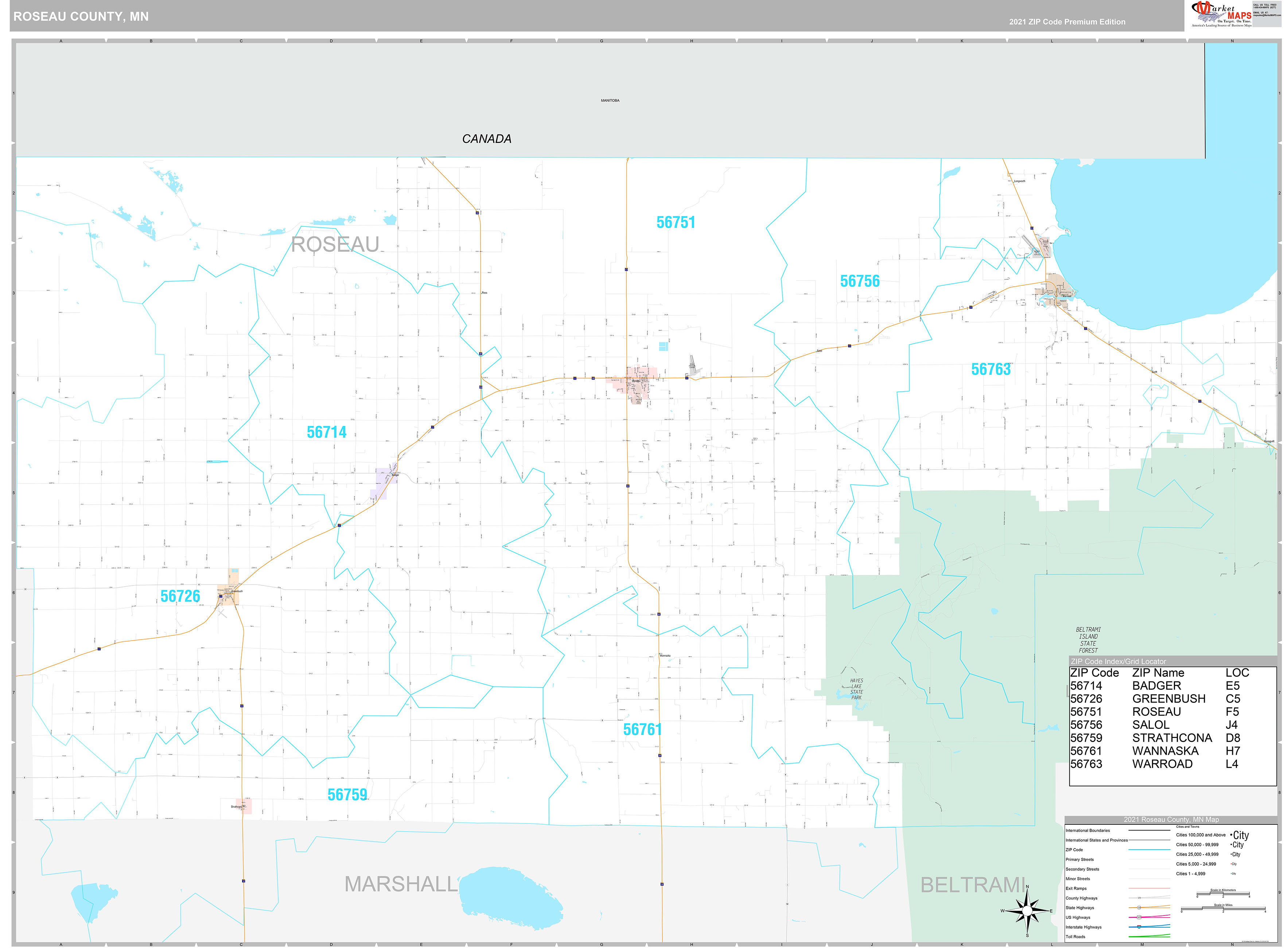 Roseau County Wall Map Premium Style
